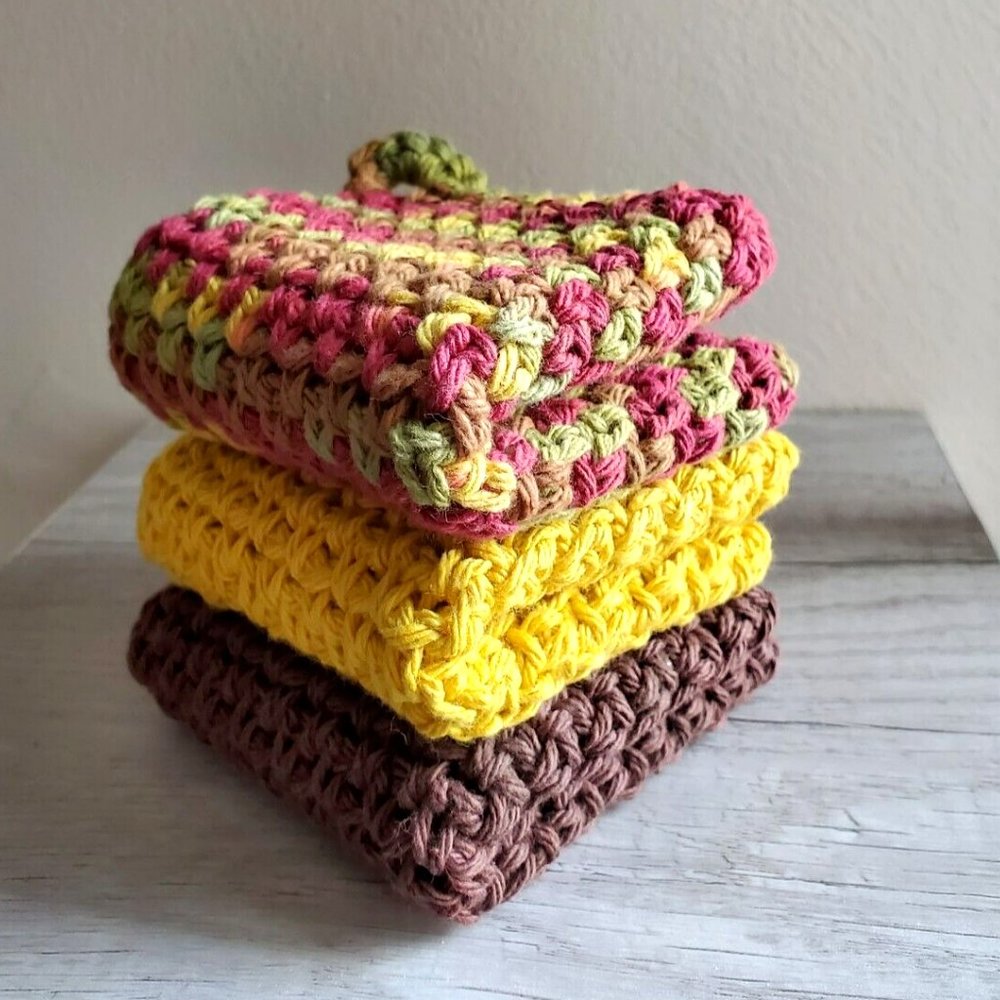 3 CROCHET DISHCLOTH WASHCLOTH 100% COTTON HANDMADE NEW Brown Yellow Green Fall